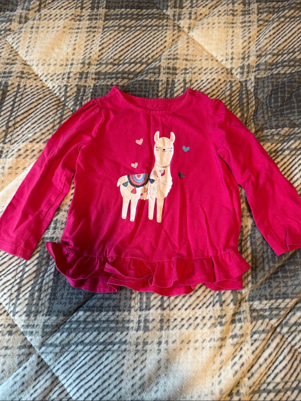 Girls Fuchsia Llama Ruffle Hem Long Sleeve Top